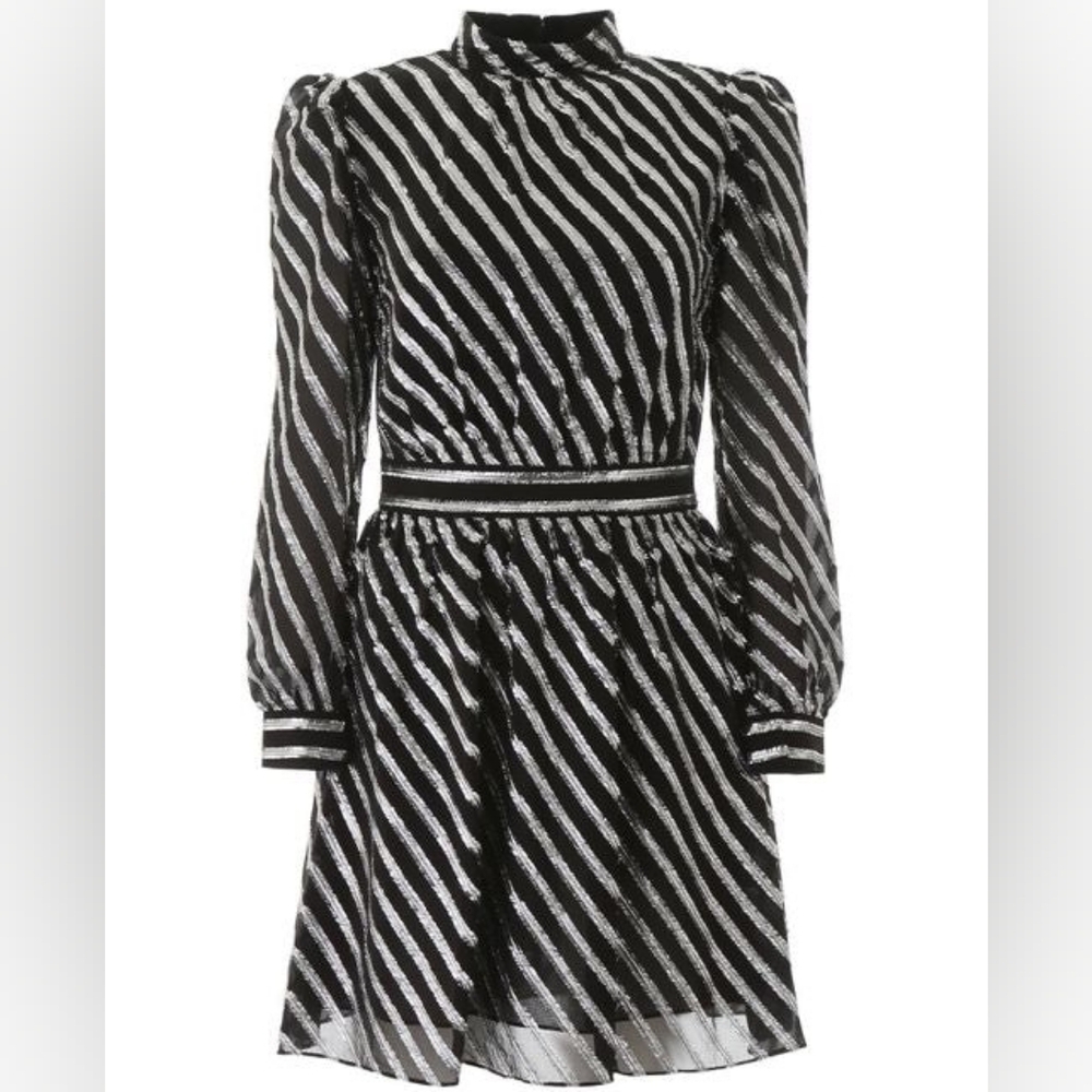 MICHAEL Michael Kors Metallic Stripe Silk Jacquard Black Silver Mini Dress 2 - Picture 4 of 8